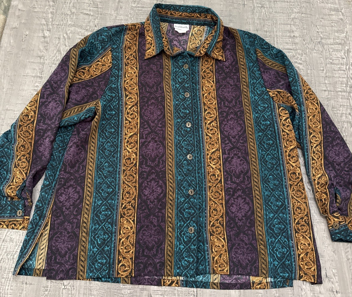 Vintage Bon Worth Blouse Teal Purple Gold button down, long sleeve medium petite