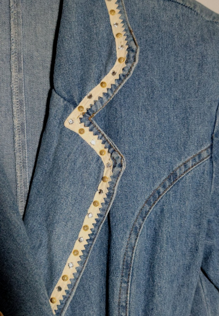 VTG D.Frank Denim Skort Romper Double Breasted Rhinestones Shoulder Pads 8 Dress