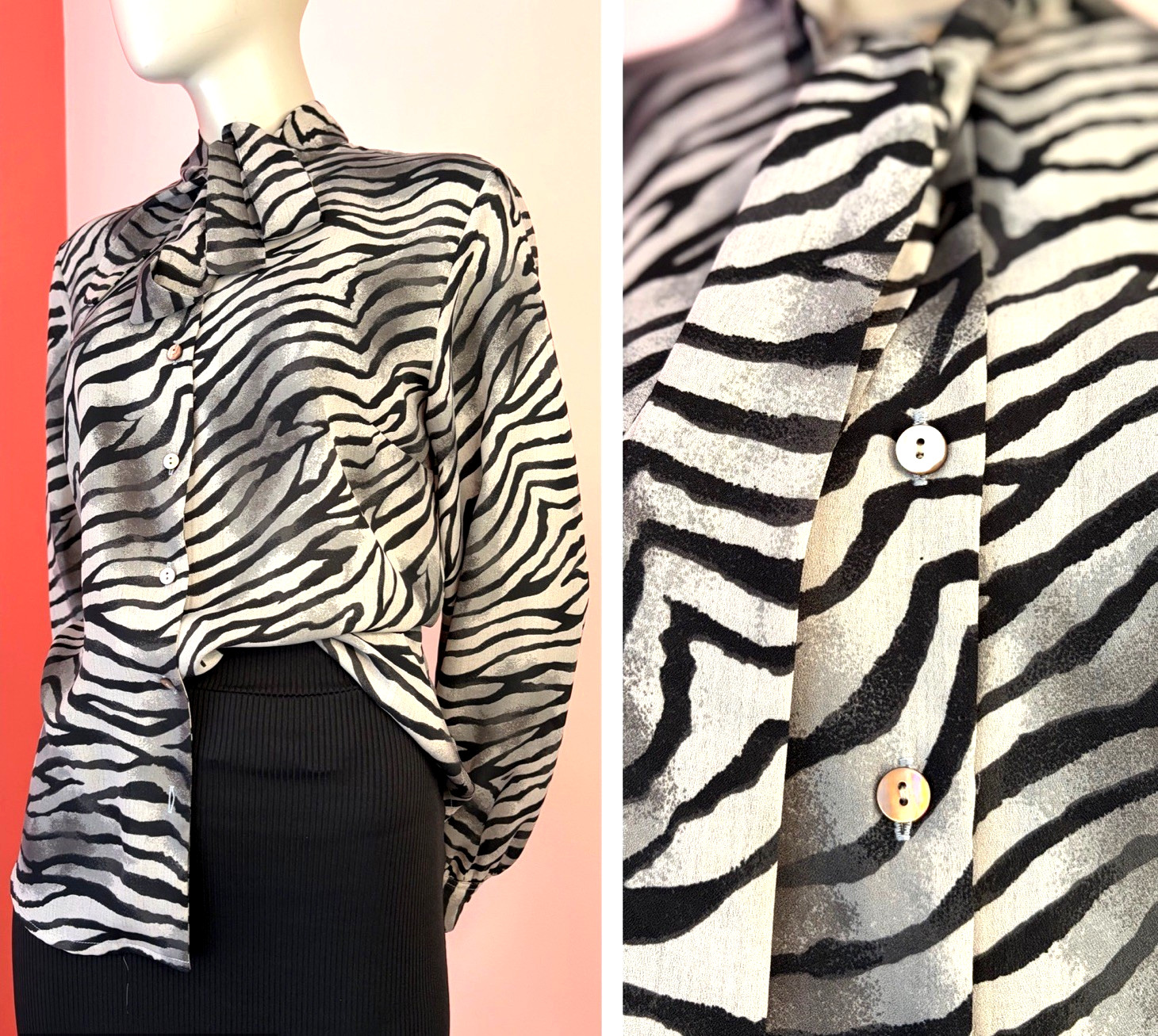 Vintage 90s Zebra Print Blouse Bow Tie Neck Semi Sheer chiffon button up M L