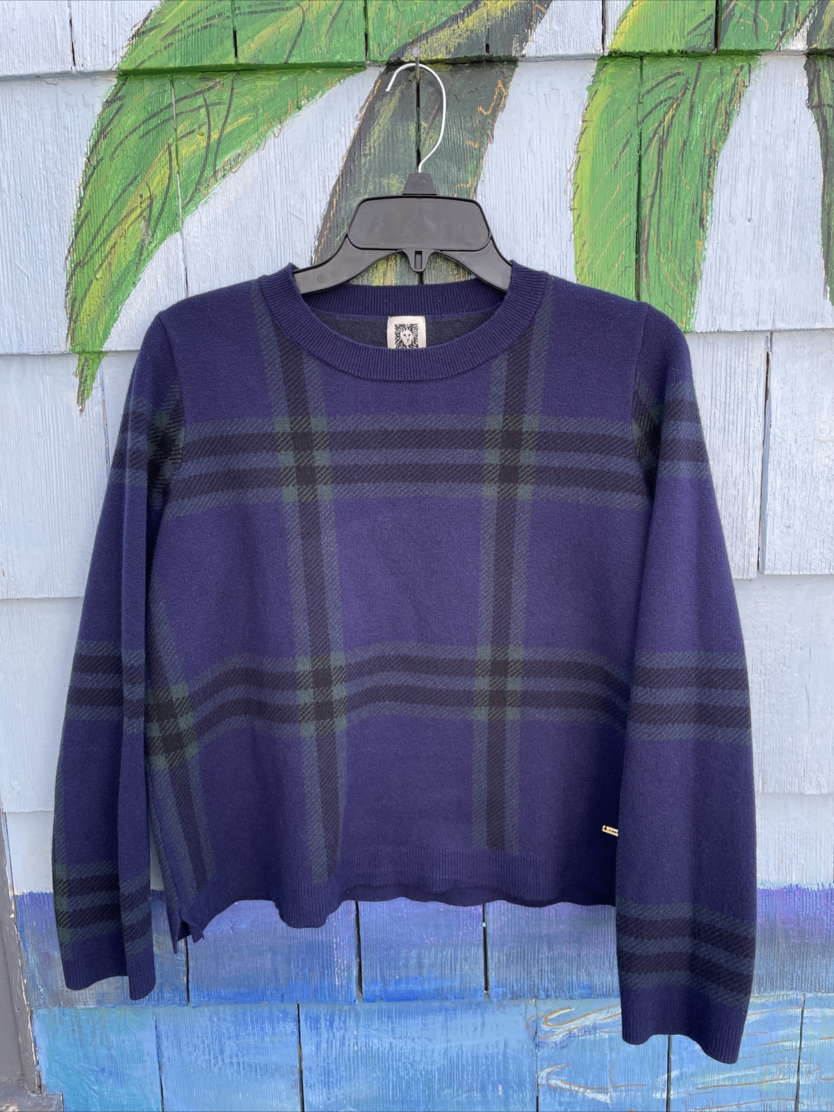 Anne Klein Tartan Blue Plaid Crop Round Neck Boxy Women’s Vintage Sweater Size L