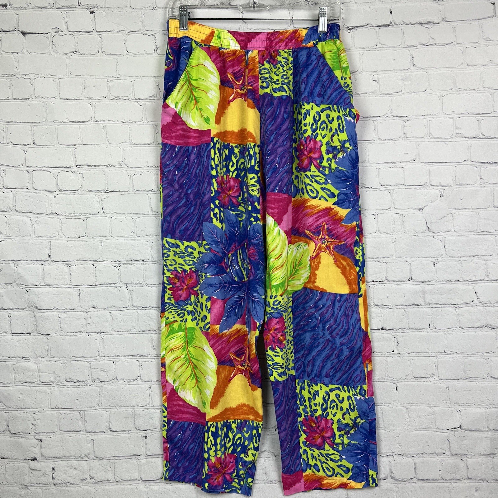 Vintage Sea Suns Neon Bright Floral Tropical Leopard Beach Pants & Top Set XL