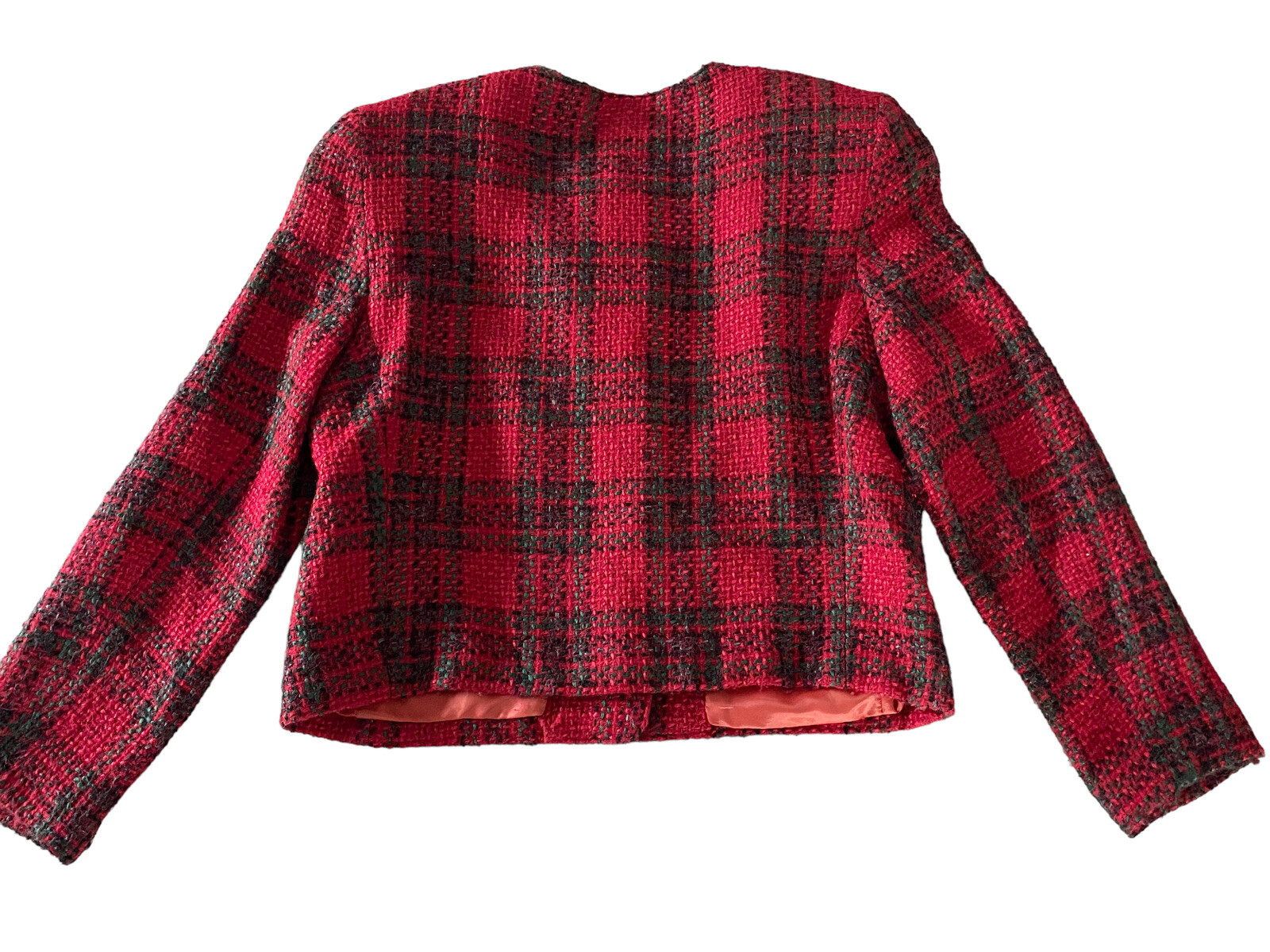 Womens Vintage Tanjay Tweed Blazer Large red green 12 80’s Gold buttons crop