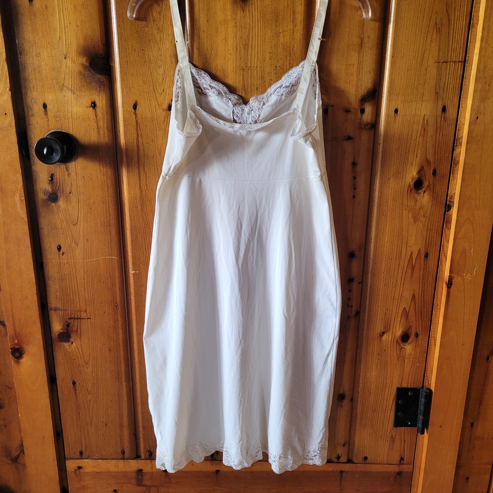 1970s Vintage Shadowline Ivory Slip Dress Nightgown Lace Pink Embroidery Small