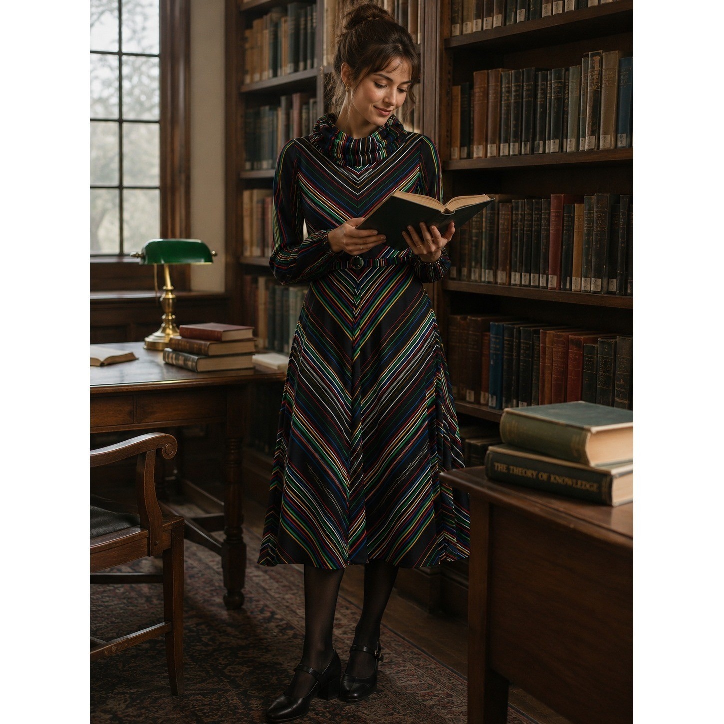 Vintage Adams Way Rainbow Chevron Stripe Cowl Neck Midi Dress ILGWU Made in USA