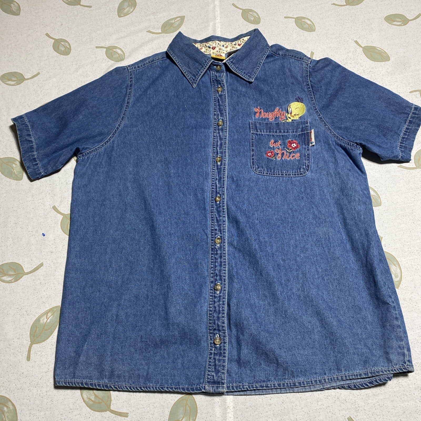 Vintage Womens Looney Tunes Tweety Denim 14W/16W Short Sleeve Shirt