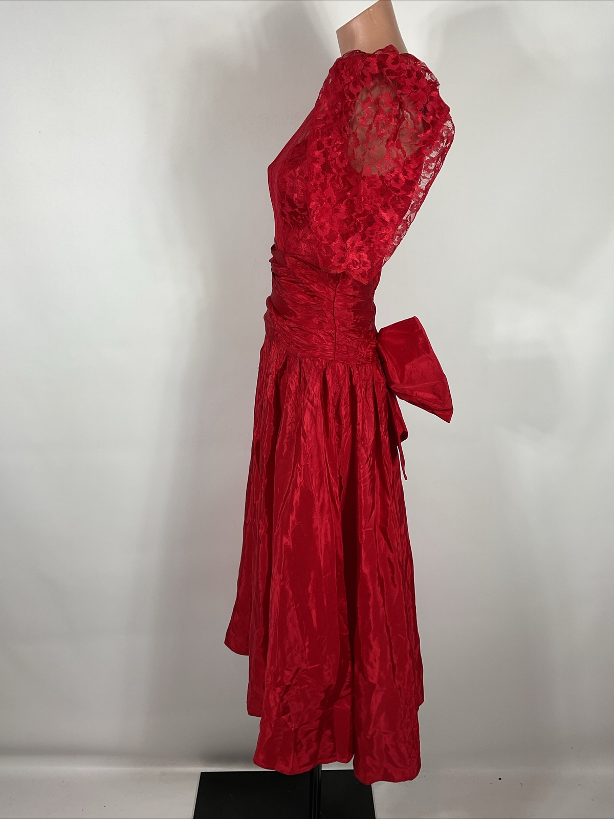 VTG 80s Prom Red LACE PUFFY BUBBLE SLEEVE Party Formal Bows Evening Dress Gown 4