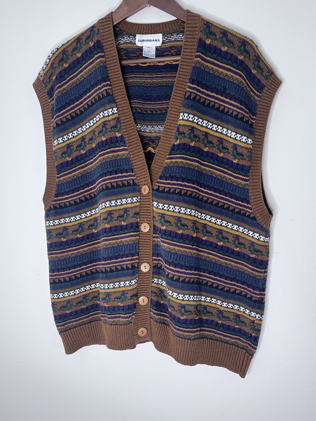 Vintage Suburbans Sweater Vest Knit Cotton Duck Pattern 80’s Size XL V Neck