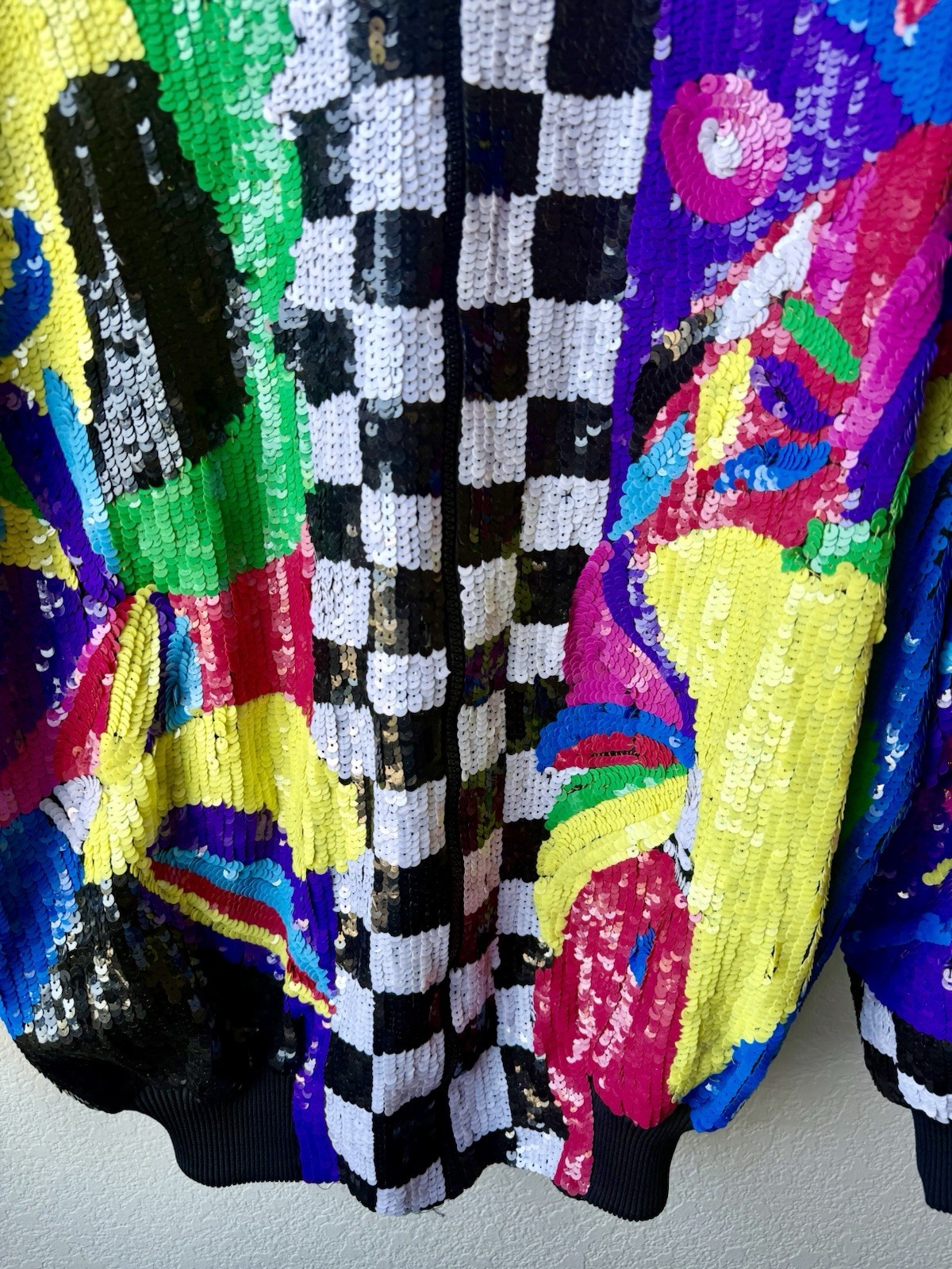Vintage 80s Sequin Beaded Colorblock Art Deco Zip Jacket Statement Coat Glam XL