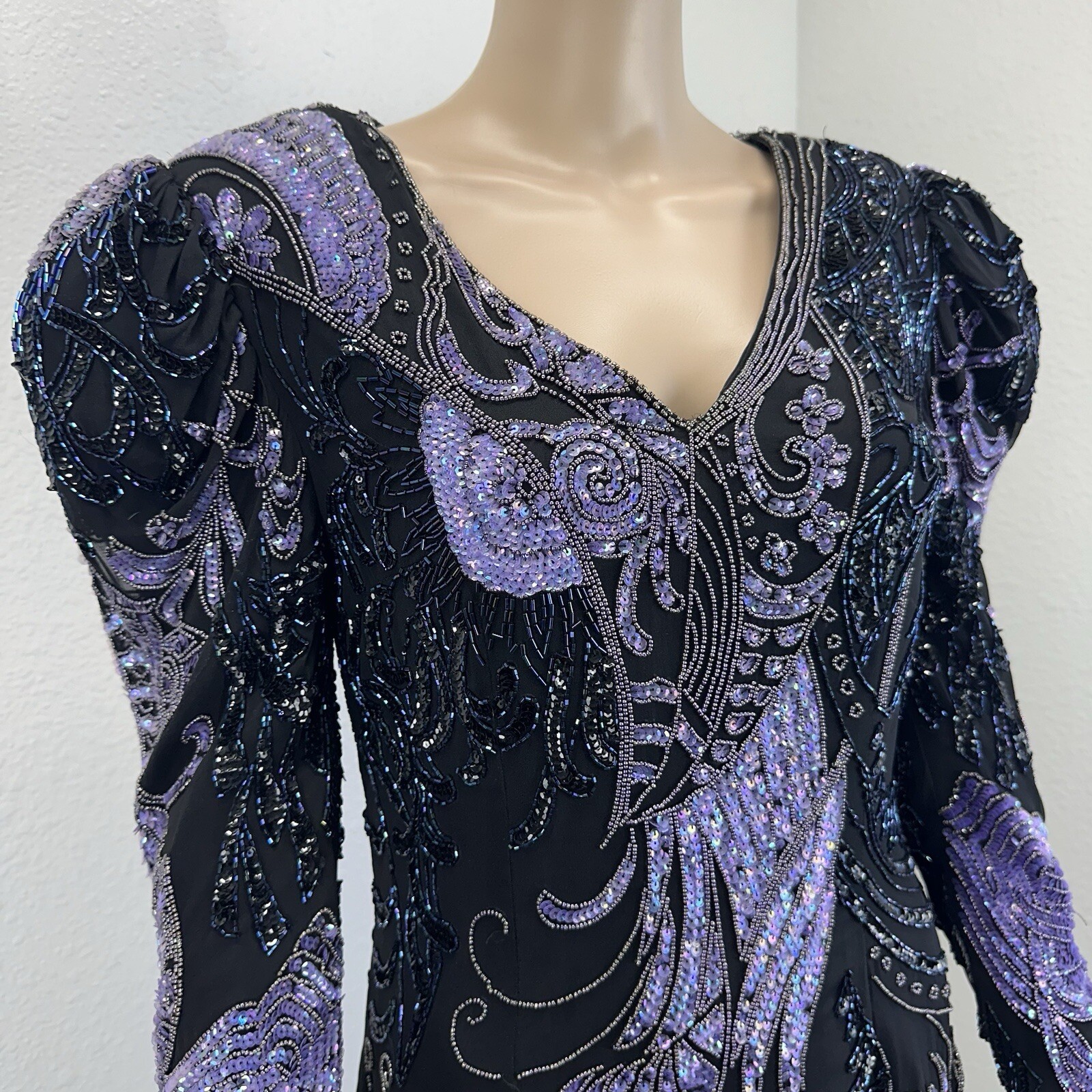 Vtg Fully Beaded Sequin Silk Mini Dress Tunic Peacock Great Gatsby Dancer M