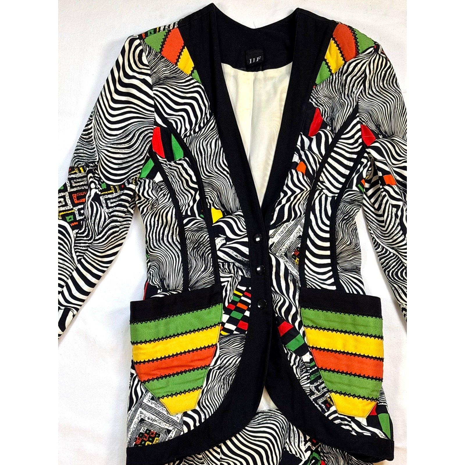 1980s IIF Zebra Geometric Print Skirt Set Blazer Car Wash Fringe Mini Two Piece