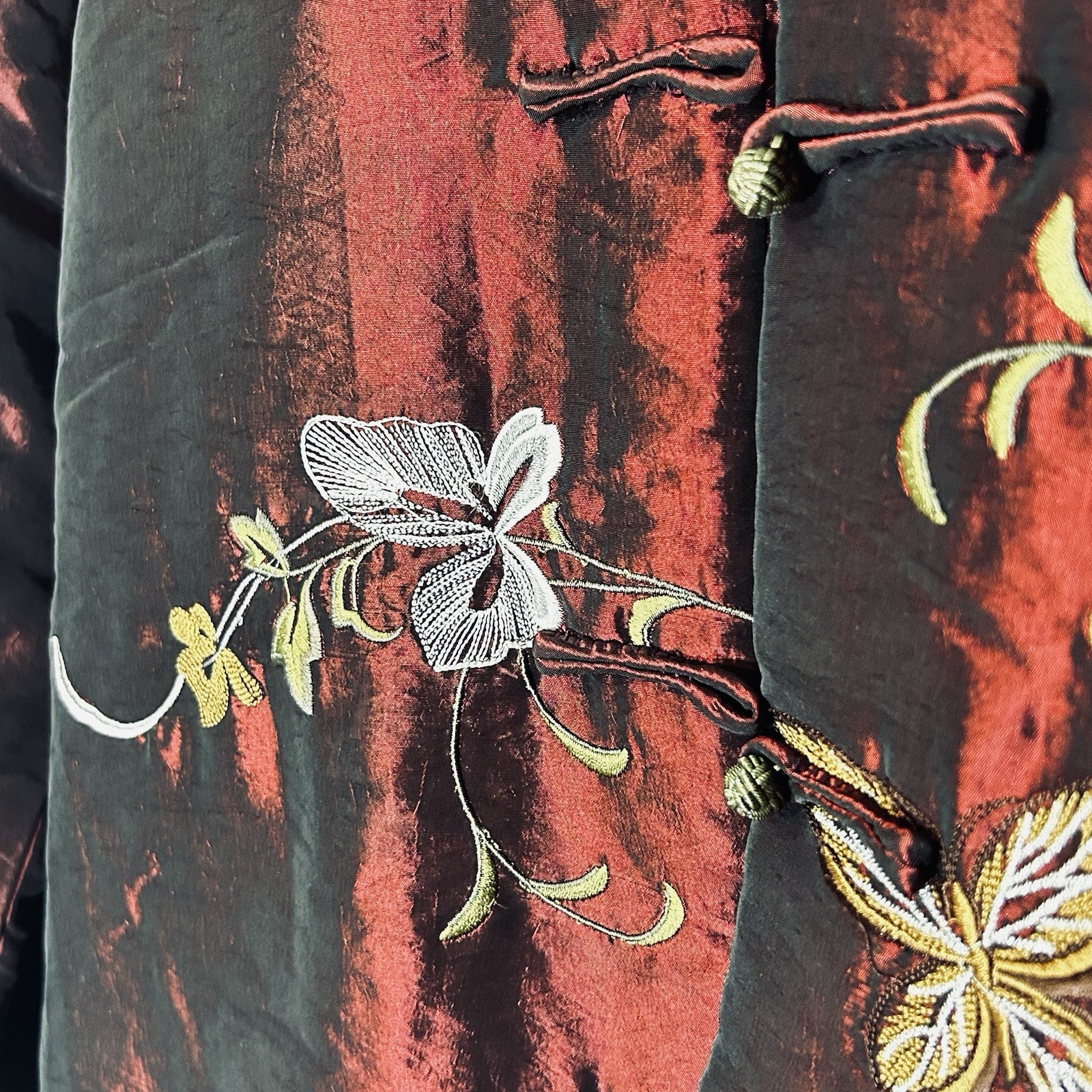 Vintage Silk Iridescent Mygaman Chinese Tang Suit Jacket M Burgundy Frog Closure