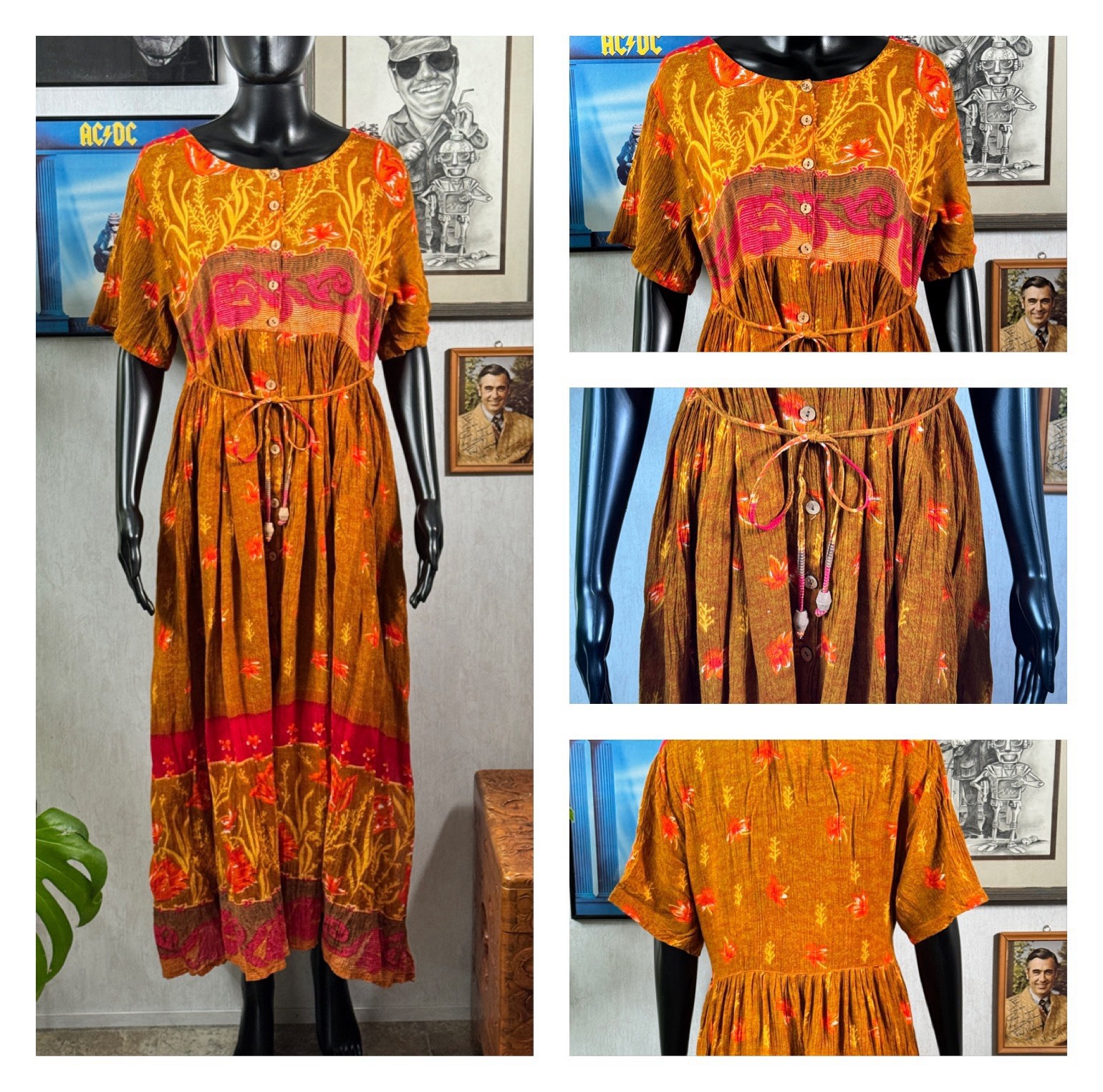 Vintage Jasmine by KVM Rayon Boho Maxi Dress Button Front India Small