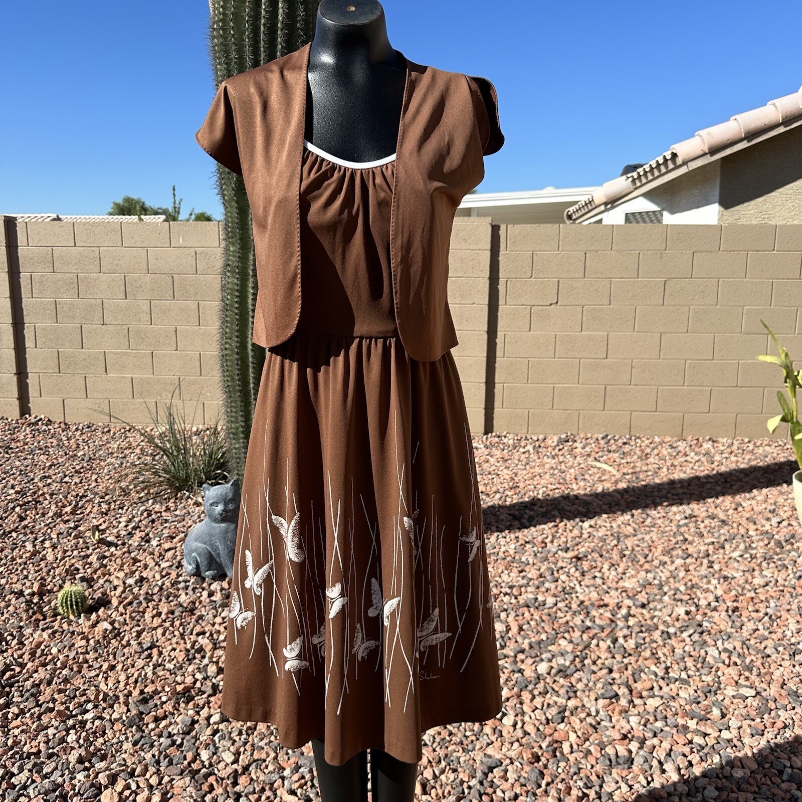 Vintage 70s Alfred Shaheen Brown Pleated Butterfly Dress Bolero Set Fits Sz 8