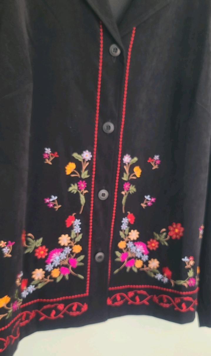 Vintage black Faux Suede Top Jacket Embroidered Red Pink Yellow Flowers. size 12