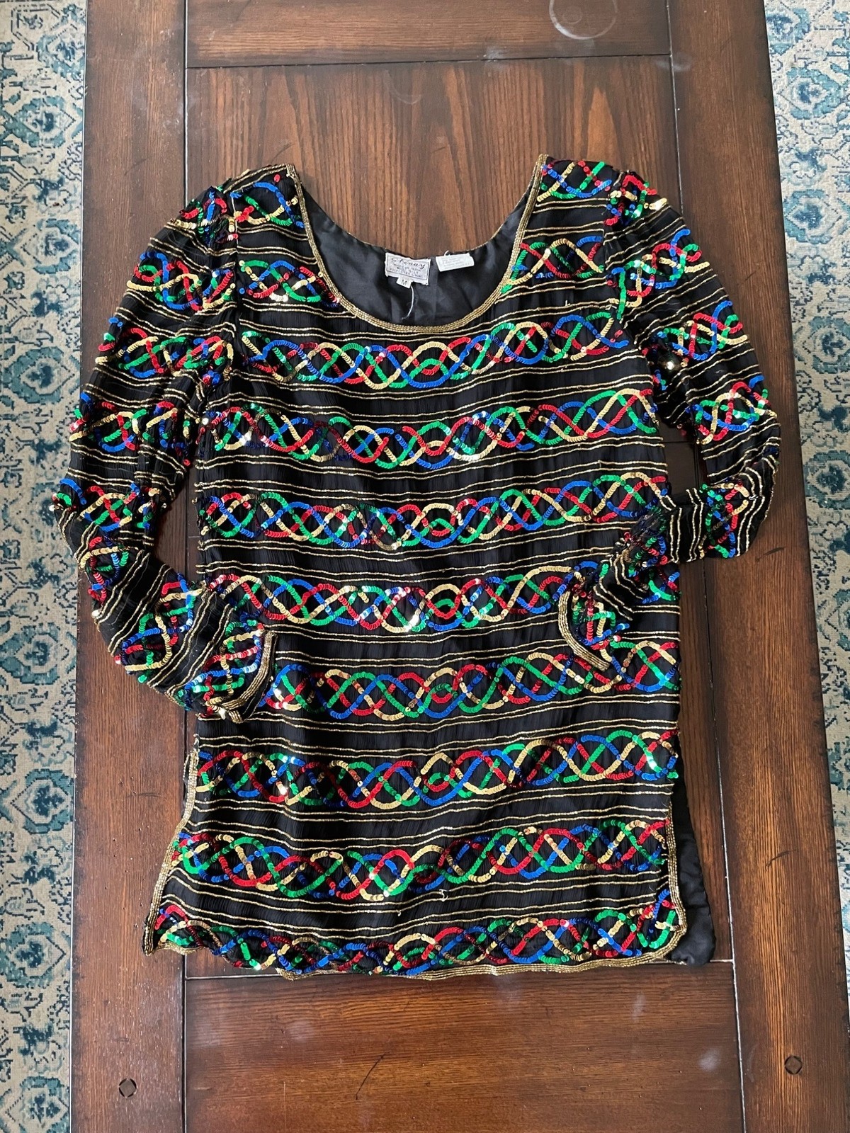 Vintage Stenay Silk Rainbow Sequin Shirt Scoop Neck Blouse Top Showgirl Sparkle