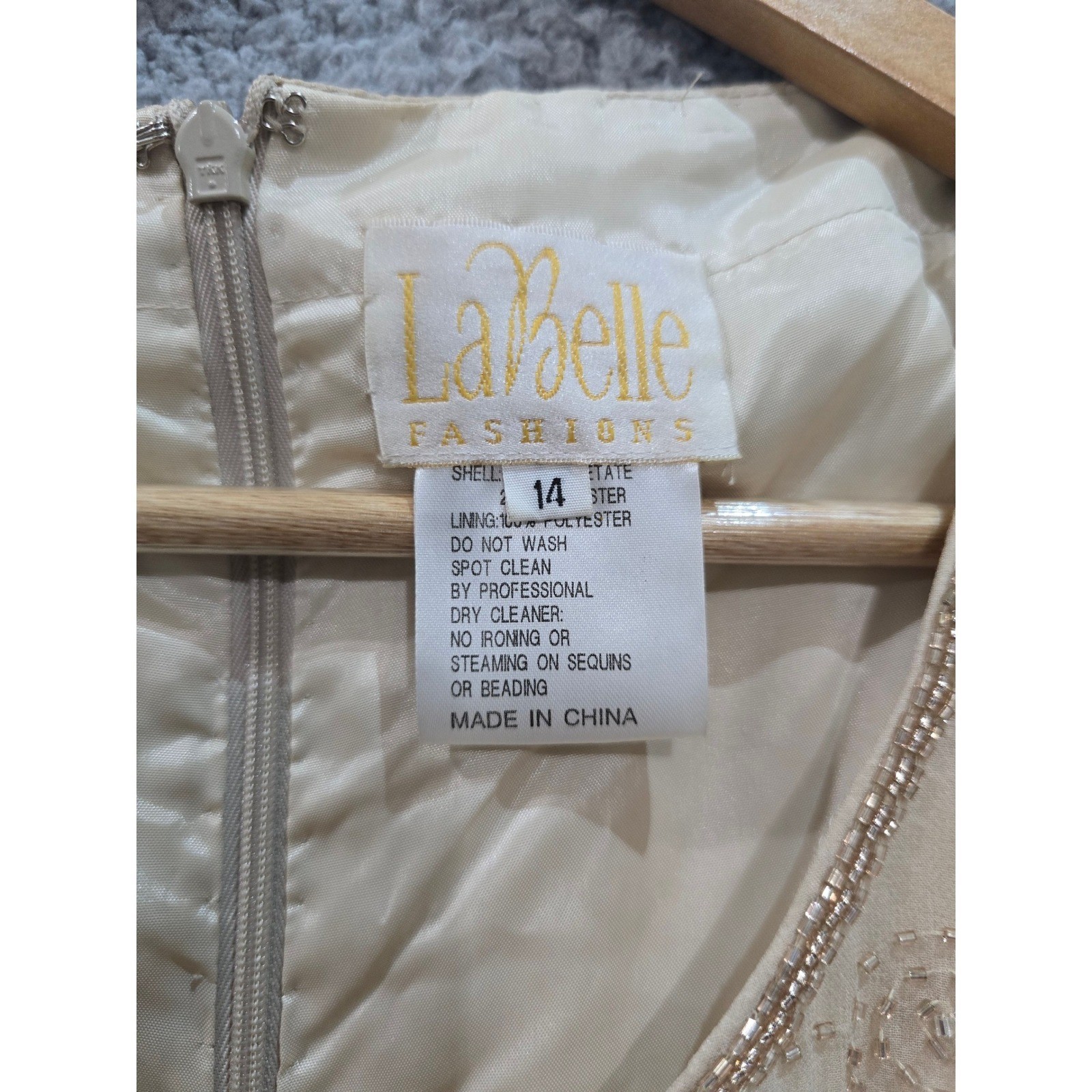 Vintage LaBelle Fashions Dress 14 Beaded Maxi Jacket Set Beige Mother Bride Gown