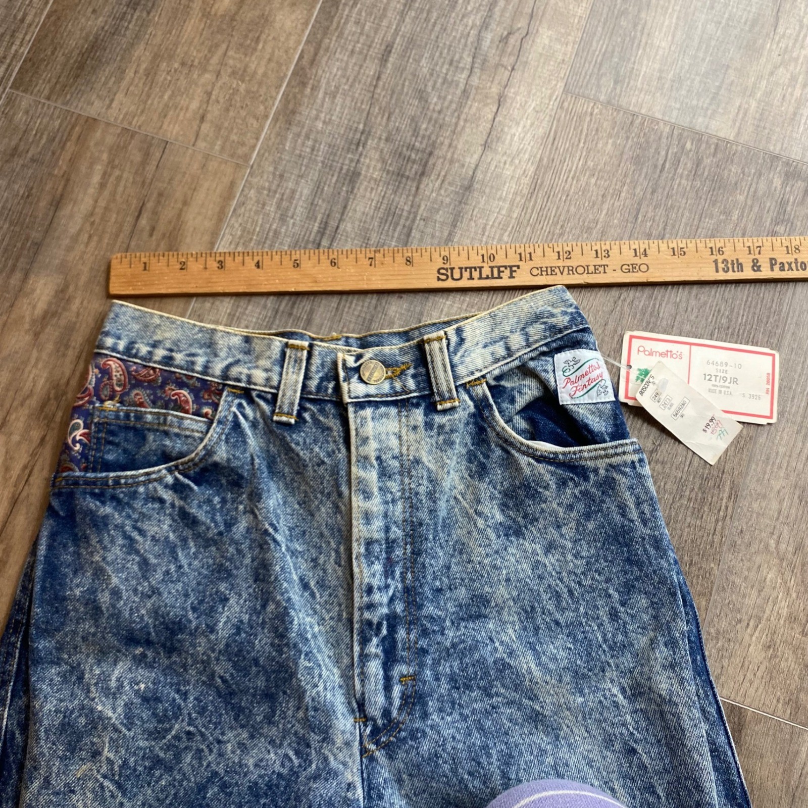 NWT Vintage Palmettos Acid Wash Cinch Back Jeans Paisley Inset USA 12T 9JR