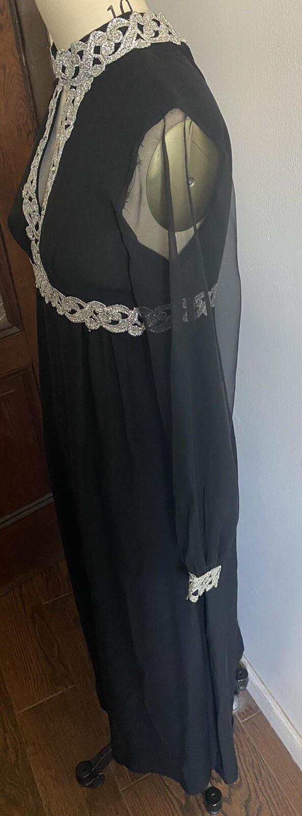 VTG Black Dress Silver Metallic Soutache Trim Sheer Sleeves Keyhole Neckline sz9