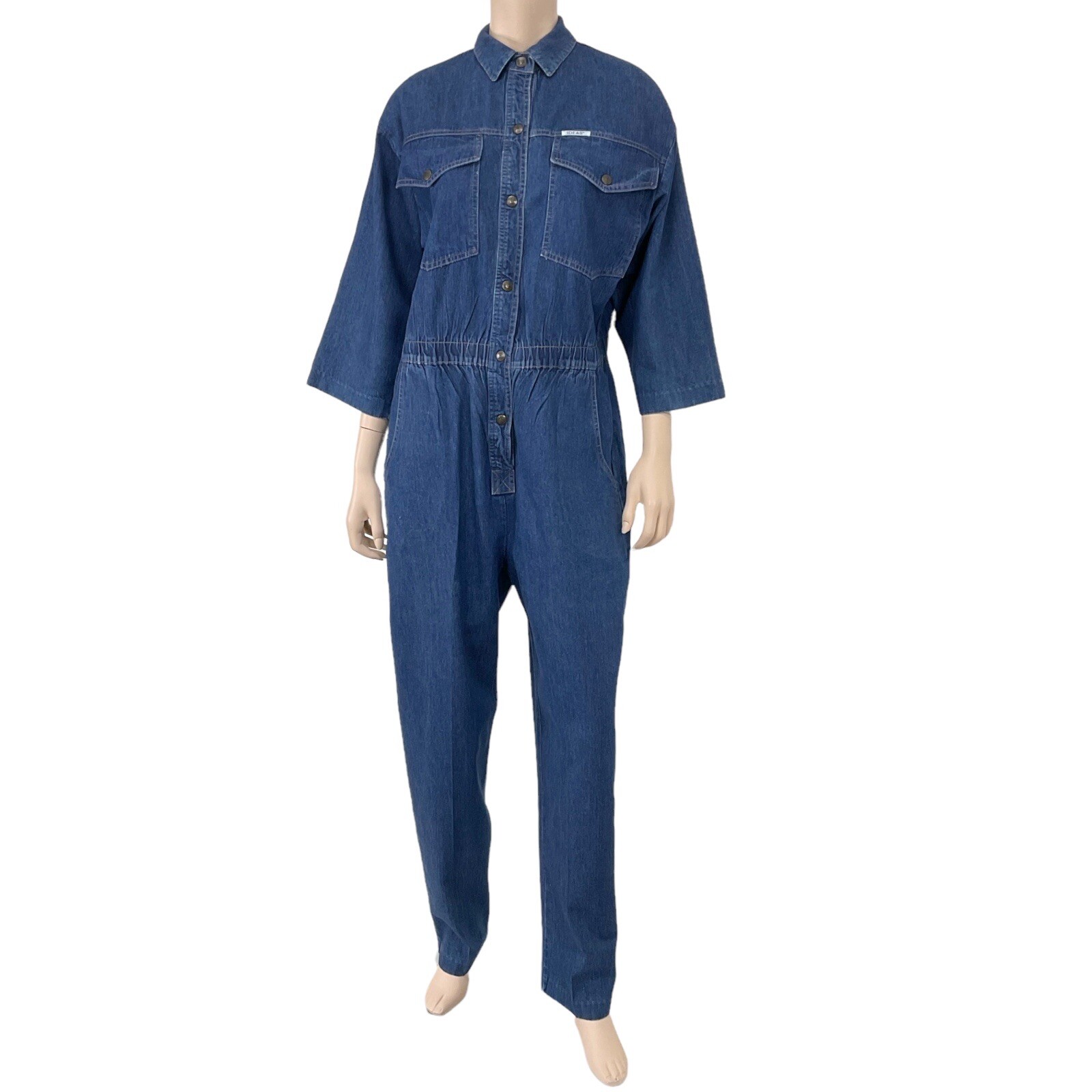Ideas Jumpsuit Women Large Blue 3/4 Sleeve Snap Down Collar Denim VTG