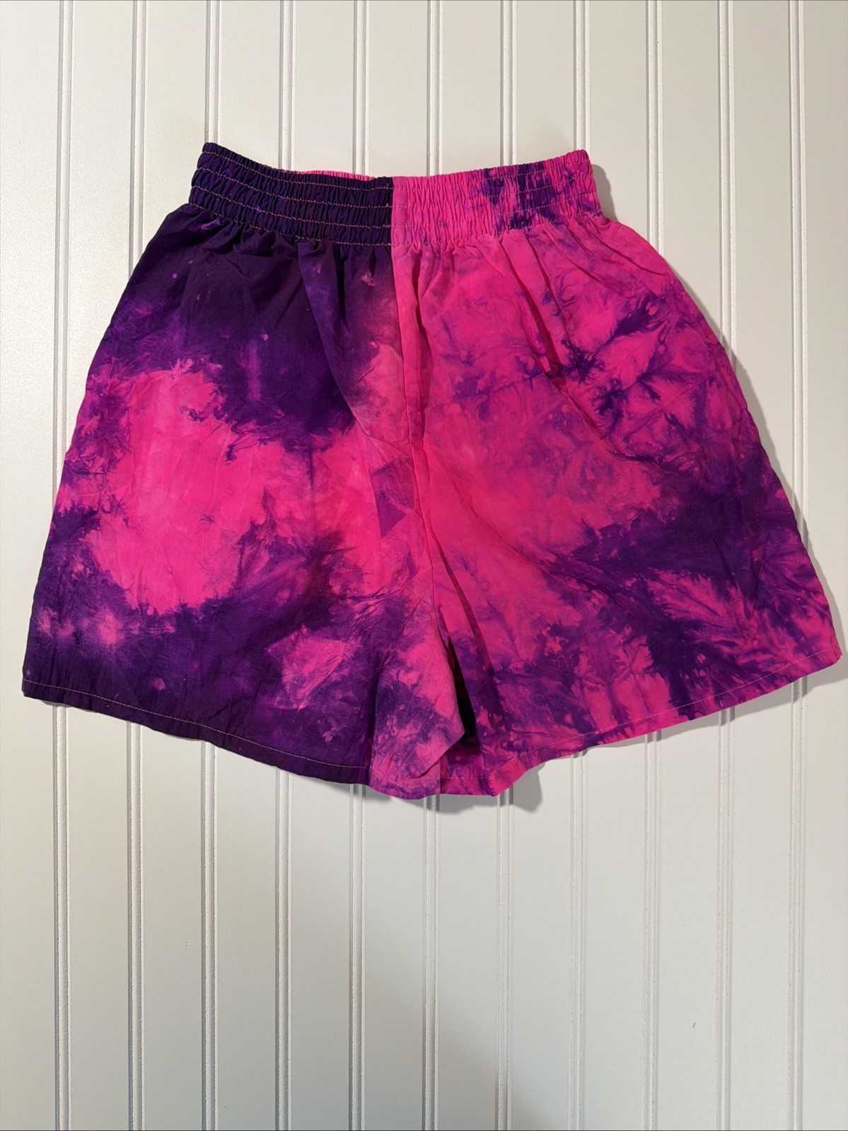 Vtg Running Pacific Connections Bright Tie Dye Nylon Electric Shorts Small Pink