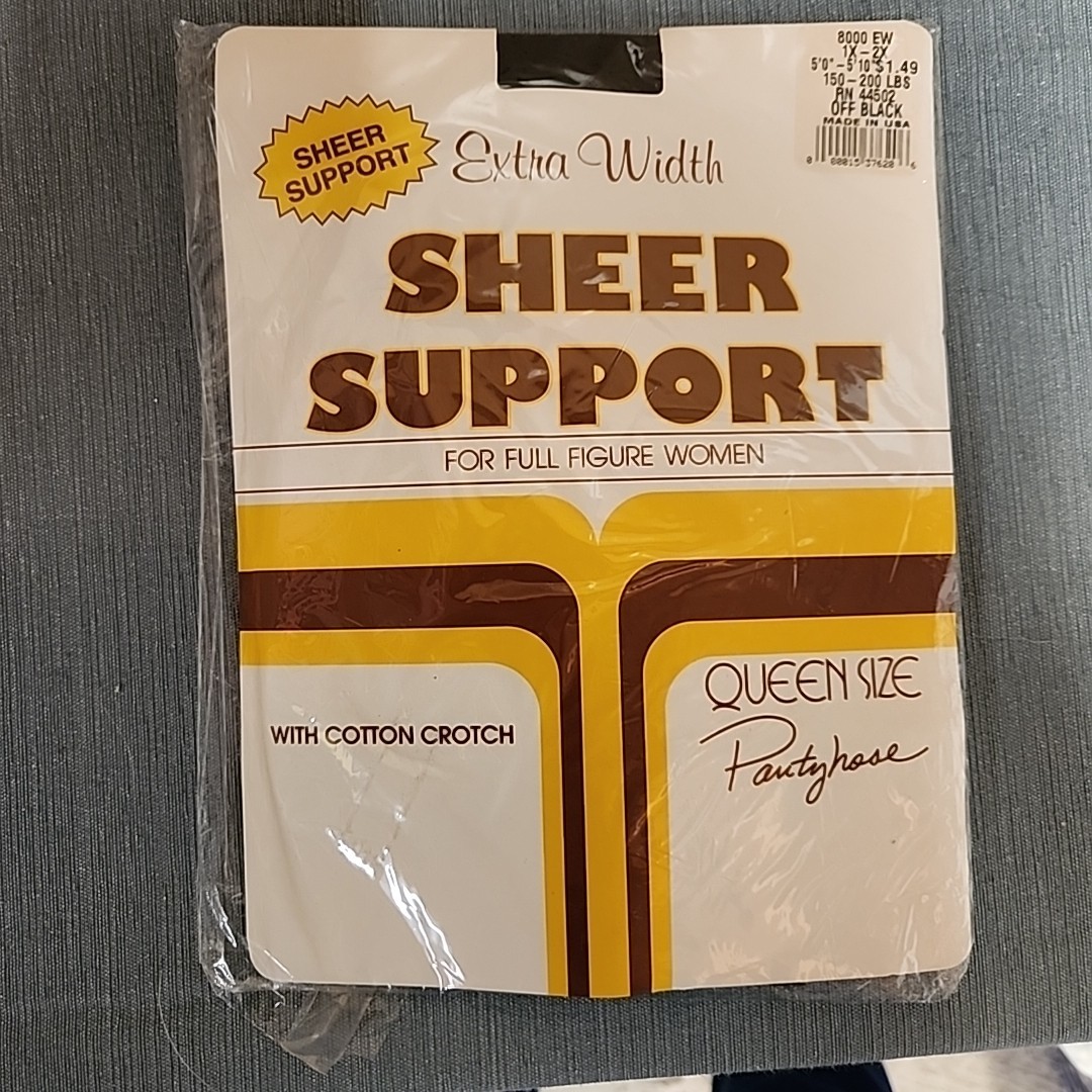 Vintage Sheer Support Pantyhose Off Black Queen Size 1X 2X Extra Width 8000 EW