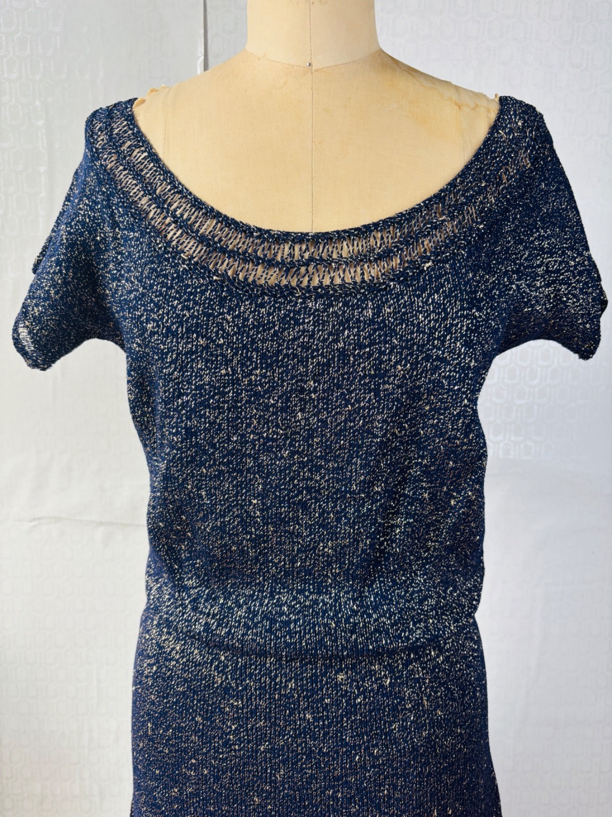 VTG 50’S HAND KNIT FULL CIRCLE SKIRT CROCHET DRESS BLUE&METALLIC GOLD DRESS*S/M