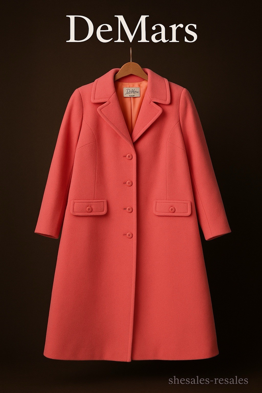 Vintage DeMars Coral Pink Wool Overcoat Women’s Medium 36 Bust Satin Lined Butto