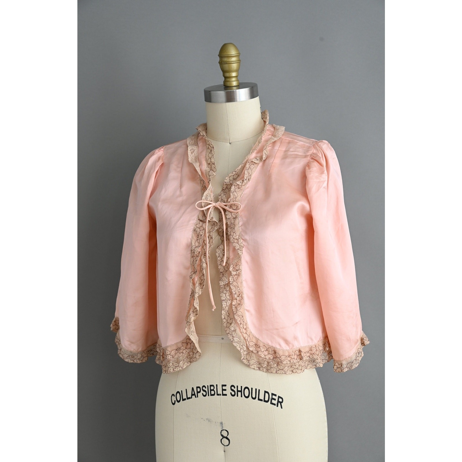 Vintage 1940s Lingerie Bed Jacket | Pink Silk Satin Lace Caplet | Small Medium