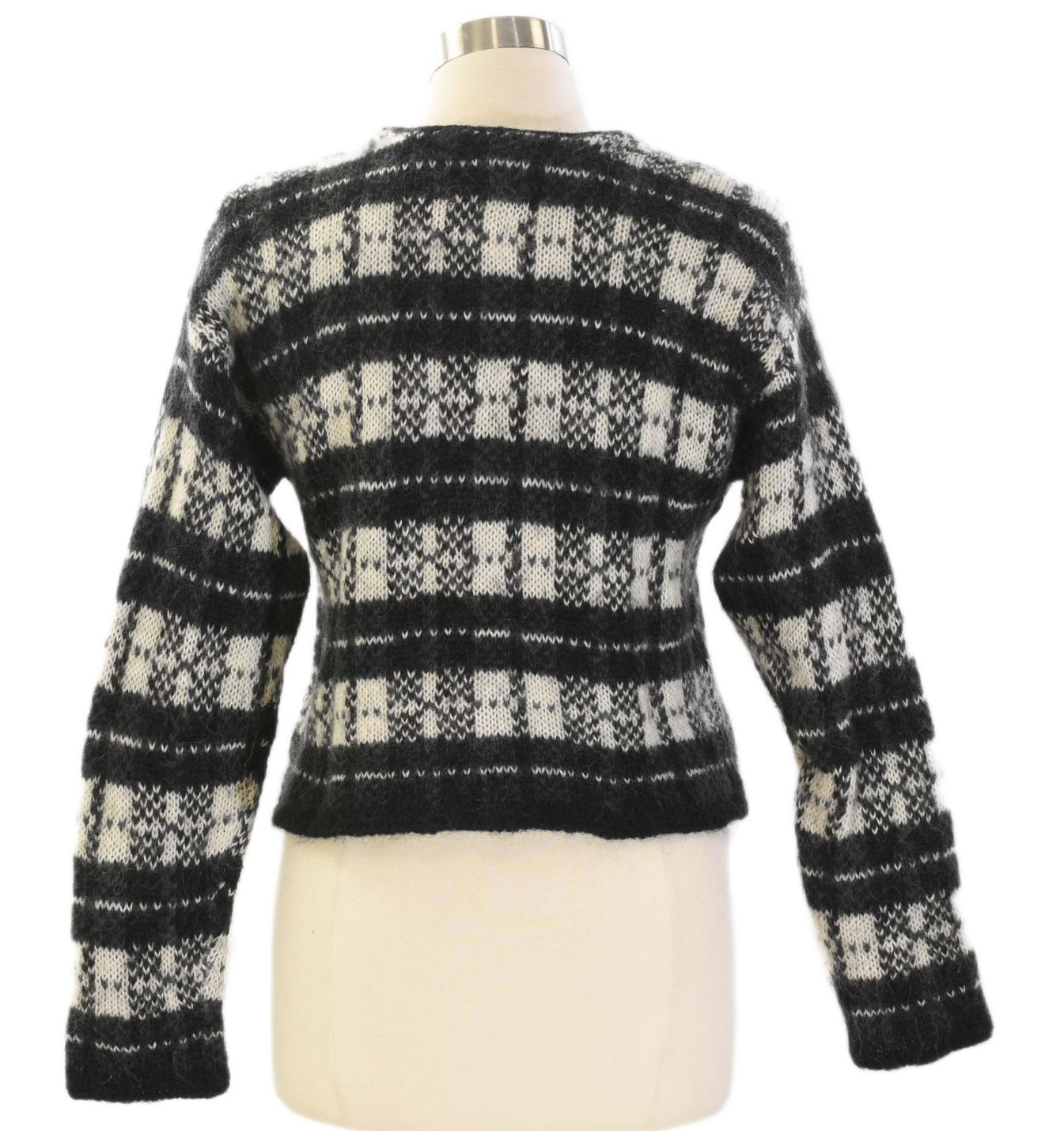 80s Vintage Mohair Cardigan Preppy Sweater Womens M Black & White Plaid Checked