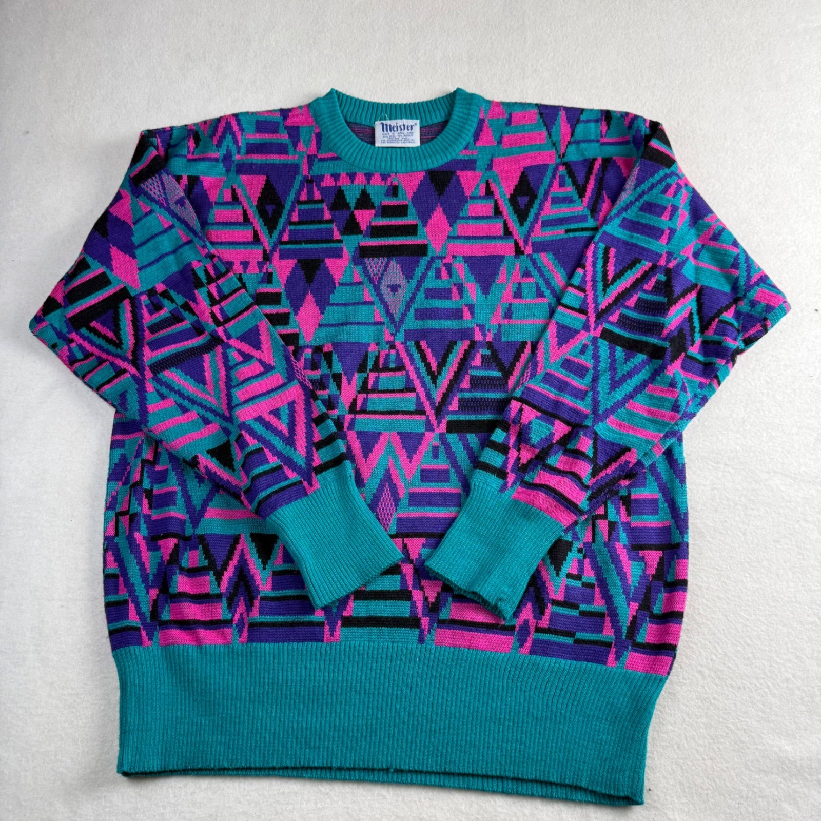 Vintage Meister Geometric Intarsia Knit Sweater Teal Magenta Purple Womens Large