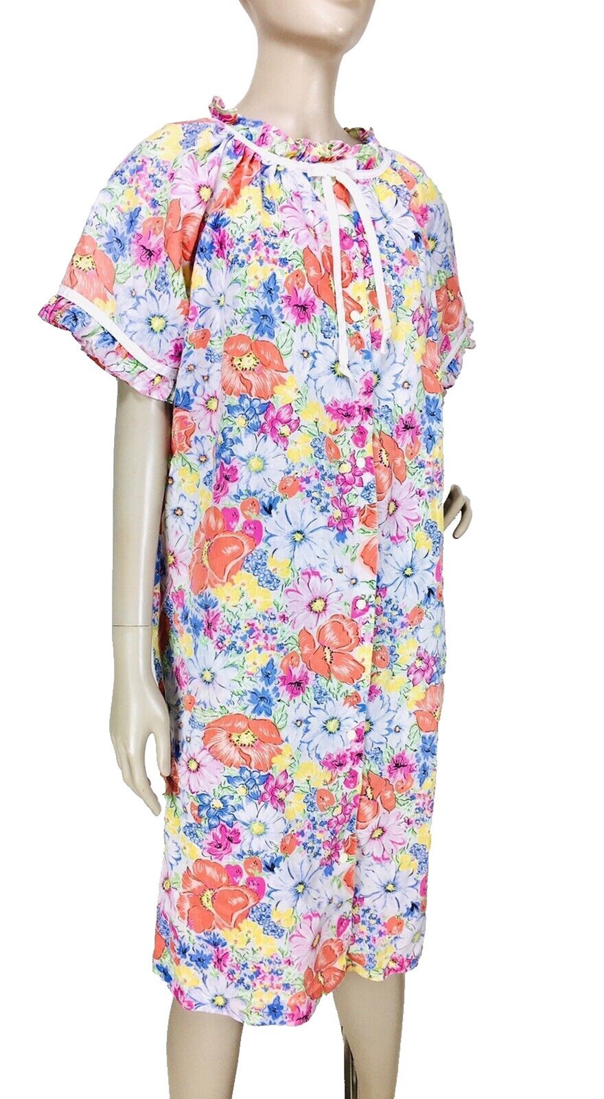 Coffee Time Designer Floral Ruffle Trim Muumuu House Dress Vintage Robe Small