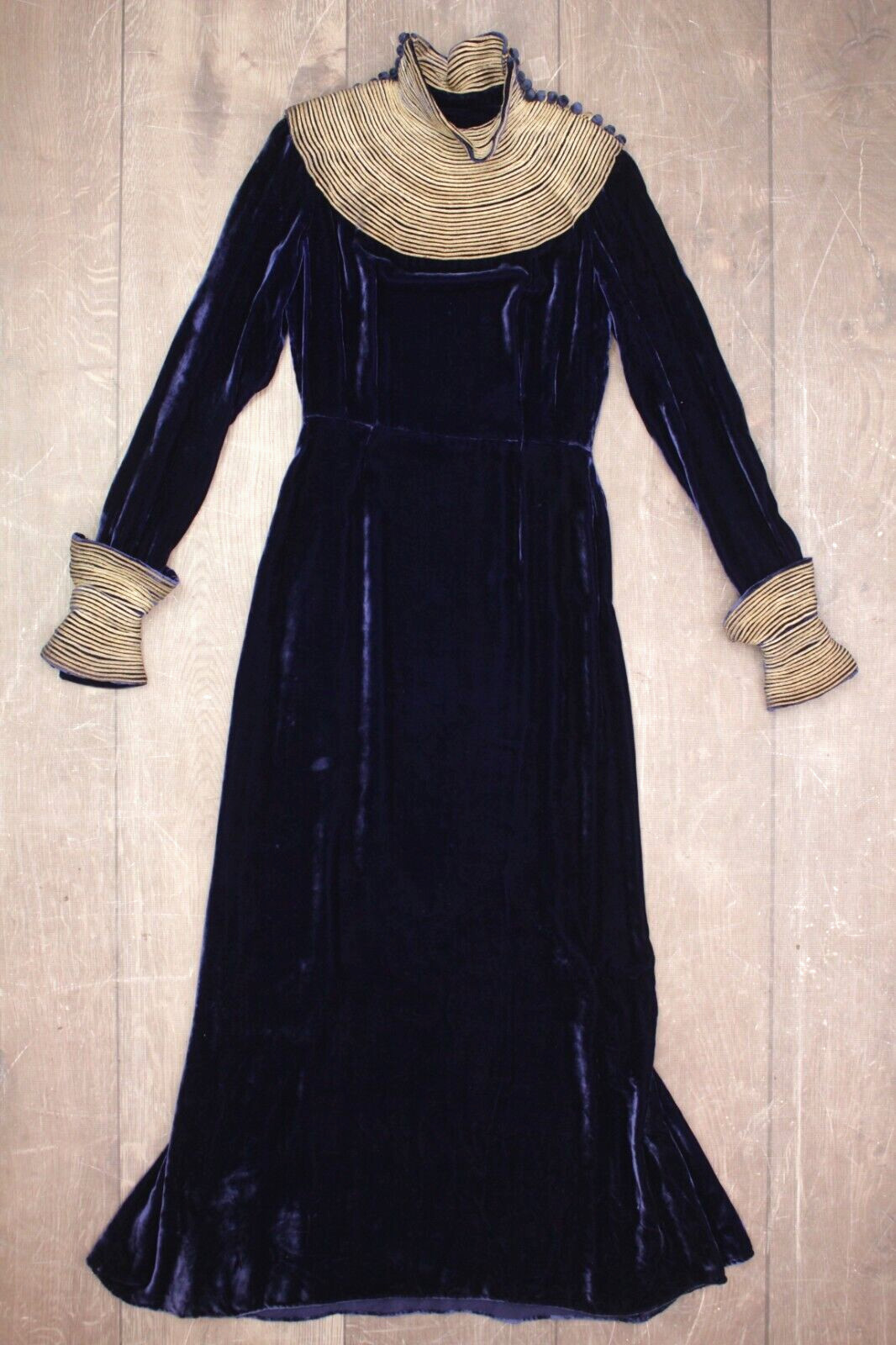 Vtg 30s Blue Velvet Maxi Dress W/ Gold Trim 1930s Fashion Originators Guild