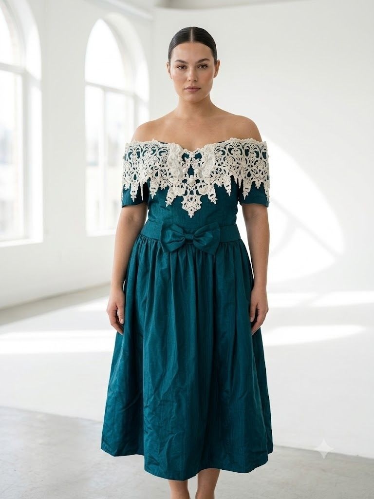 Vintage 90s Scott McClintock 16 Teal Prom Dress Off Shoulder Lace Whimsigoth