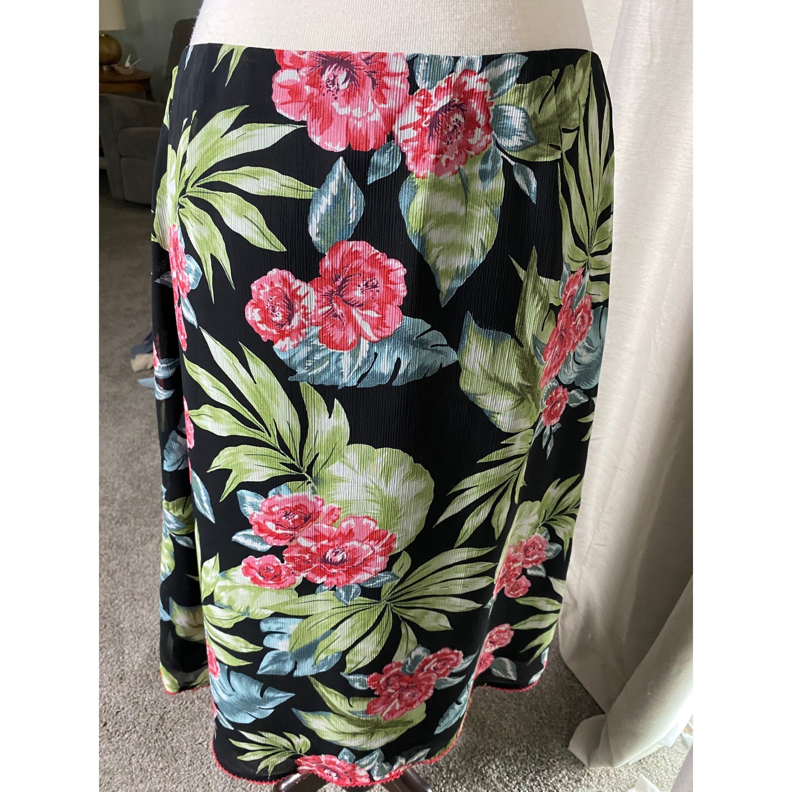 Nine & Company Vintage 90s Tropical Floral Midi Skirt Black Pink Green Size 10
