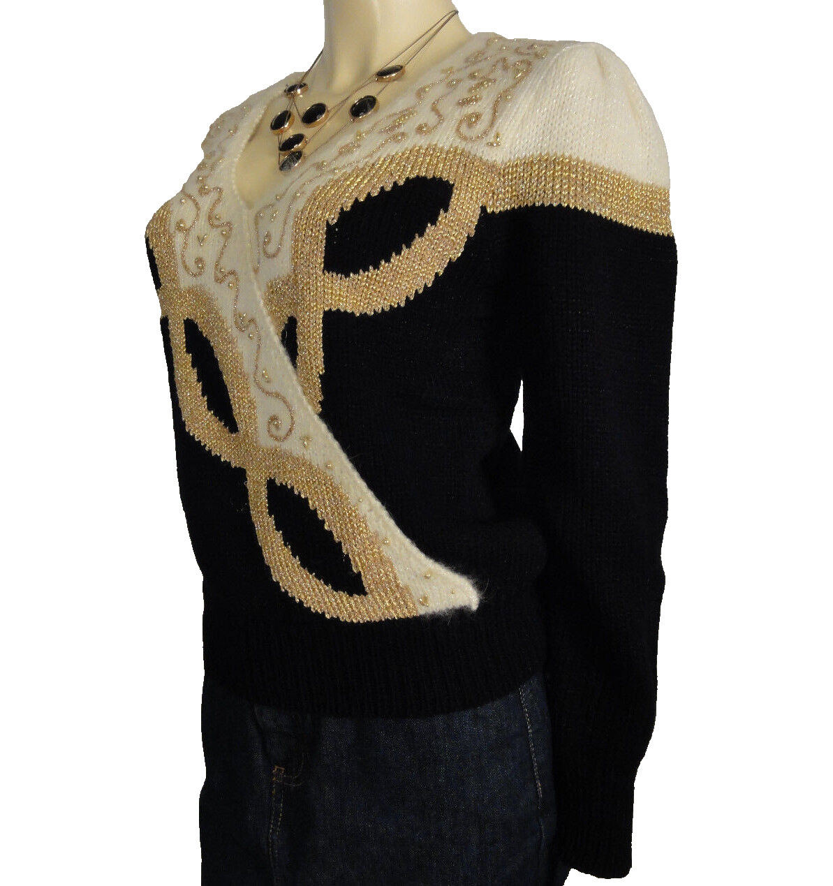 DANA SCOTT Vintage black, gold and white sweater with gold beading size Medium