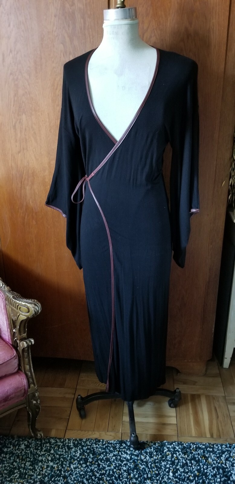 Japanese style Kimono dress Vintage black Cotton lycra Jersey dress/robe size 8