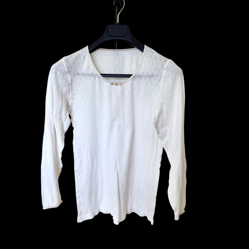 Vintage 60’s Pointelle Knit Long Sleeve Top Bow Detail Baby Doll Coquette