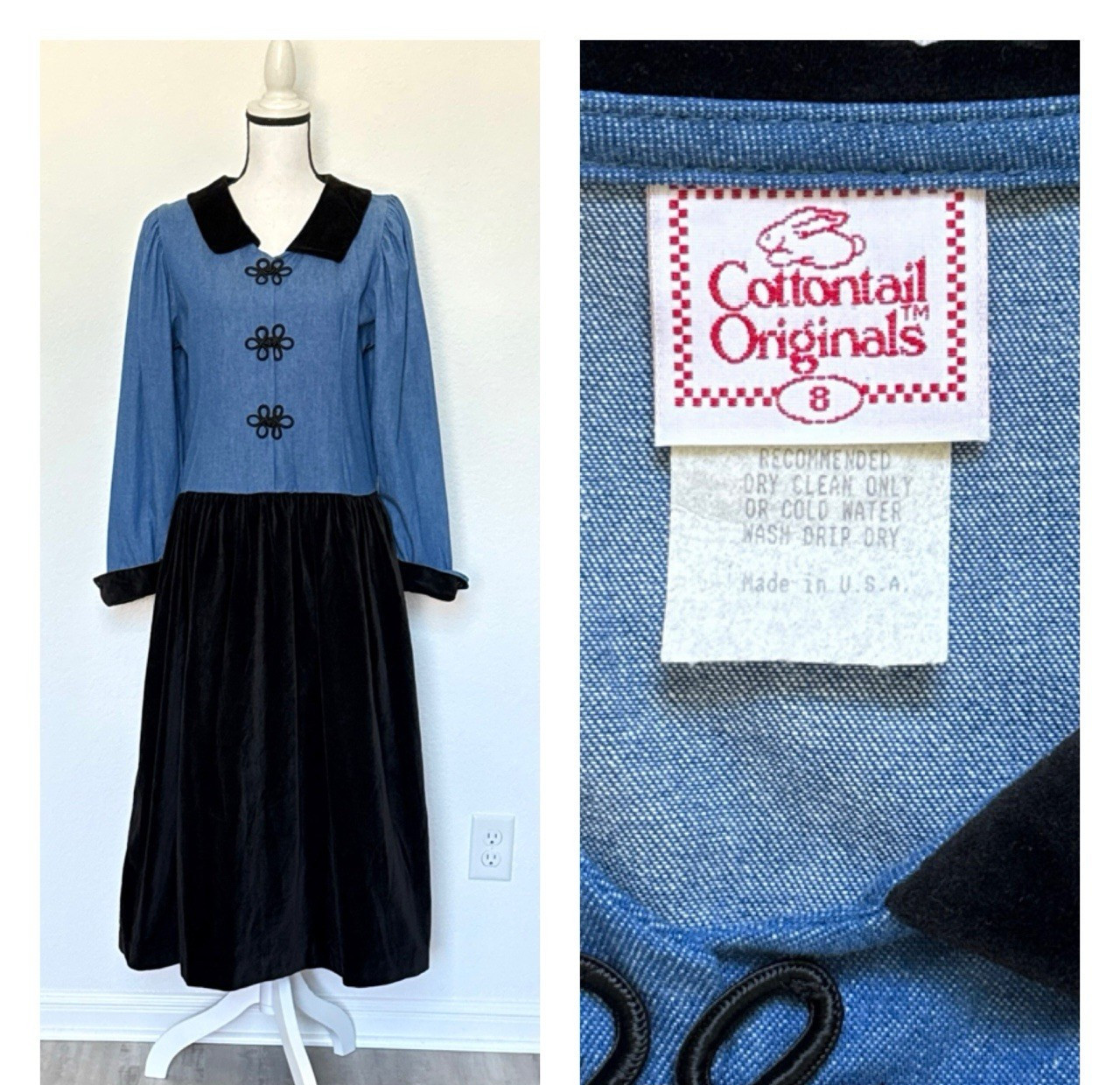 1980s 1990s Denim and Velvet Maxi Dress with French Cuffs