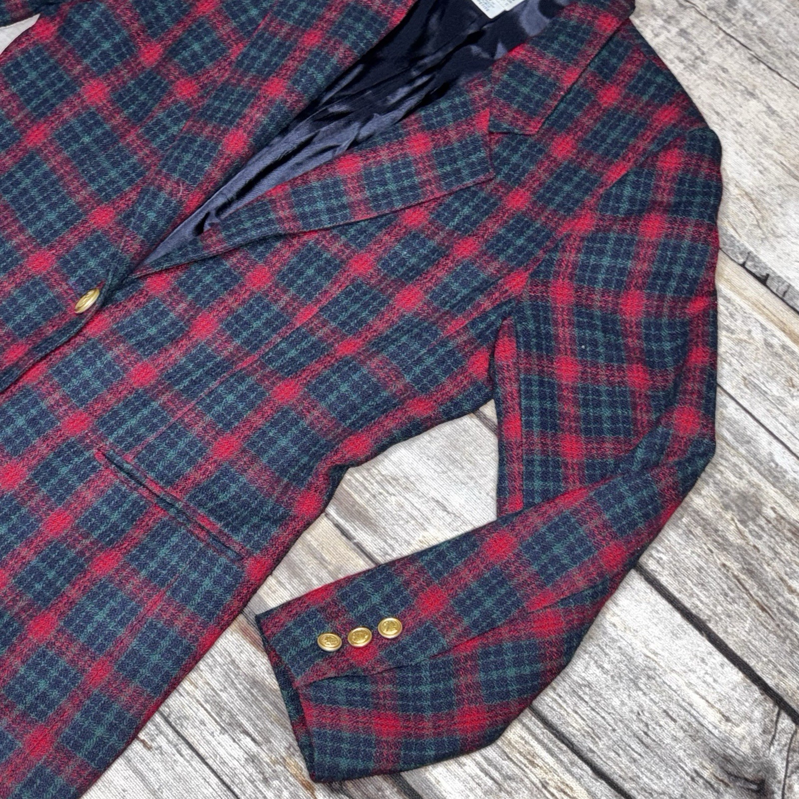 VTG Leslie Fay Wool Blend Plaid Blazer Jacket 6 Petite Red Green Crest Button