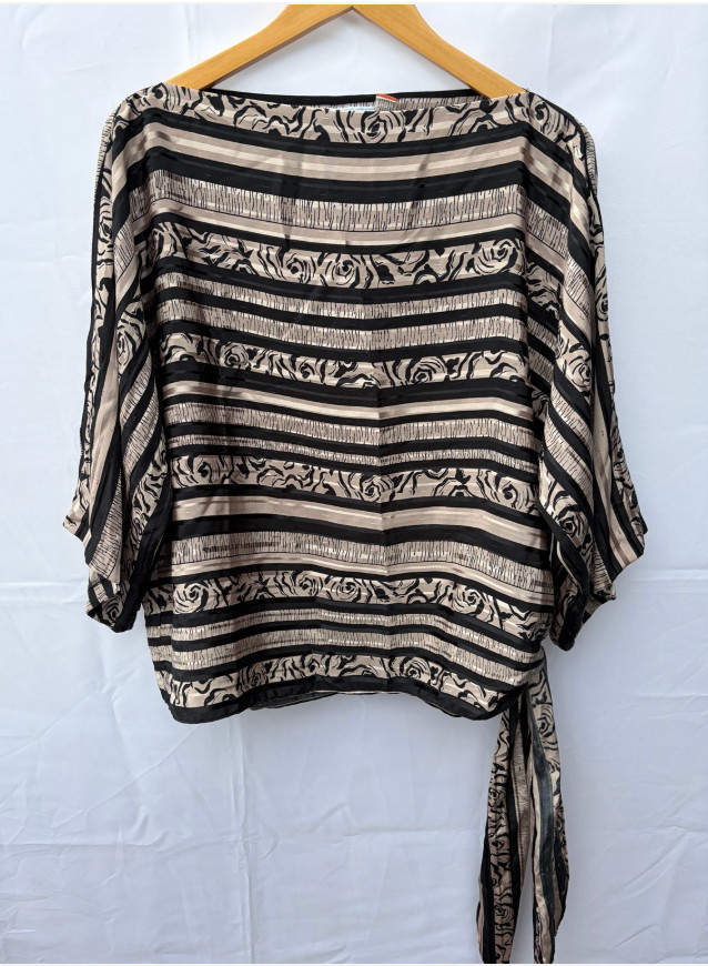 Vintage Lorac Original Size 18.5 Batwing Blouse Black Beige Rose Stripe Tie Side