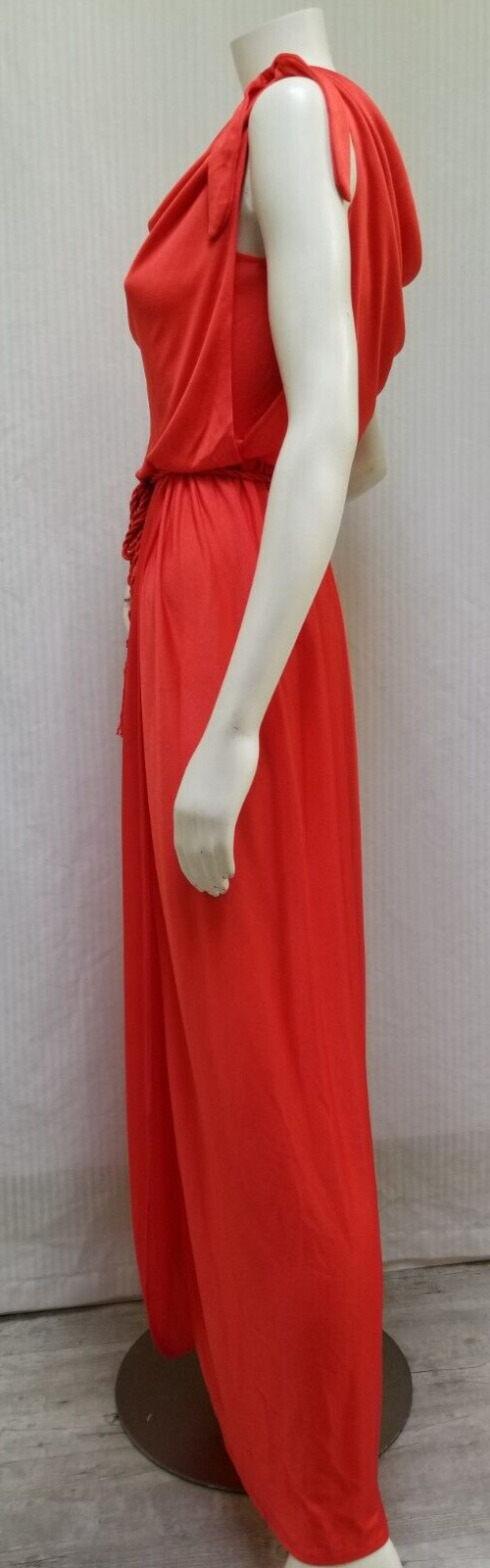 Vintage 1970s Shiny Red Jersey Knit Disco Draped Dress w/ Tassel Belt – Size S