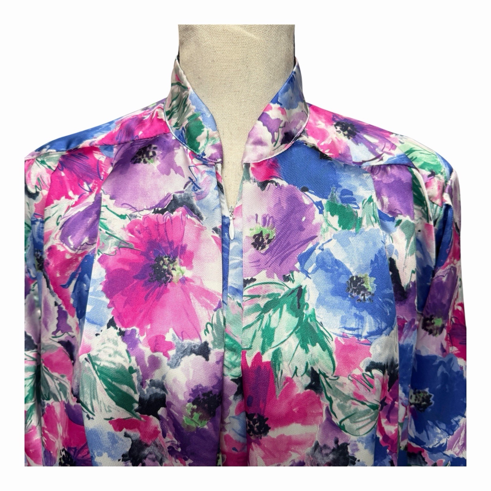 VTG Ariel Floral Satin Kaftan Maxi Robe Gown Small Zip Front Shoulder Pads 90s