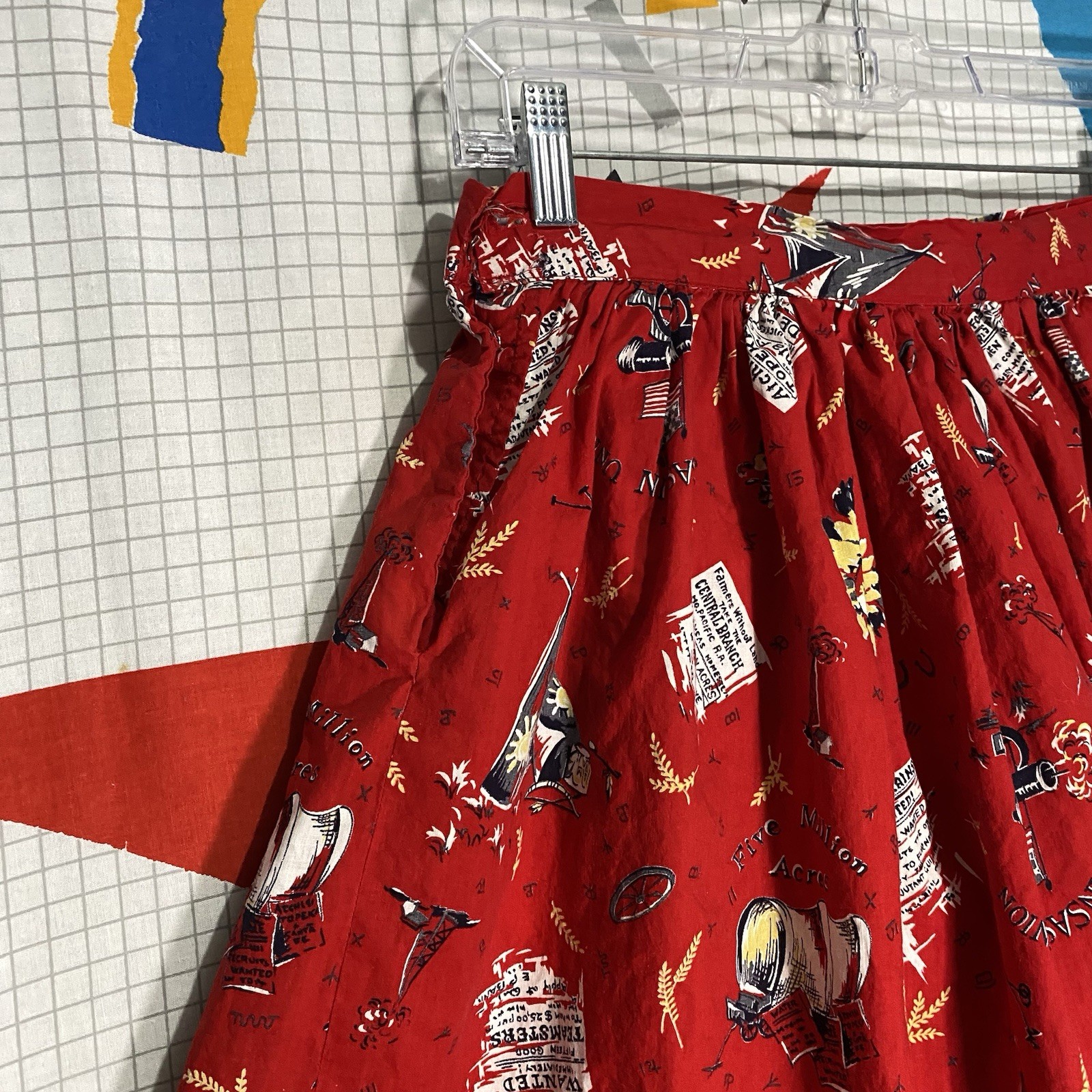 Vintage 50s Novelty Print Skirt Art Santa Fe Railroad Travel Rockabilly Western