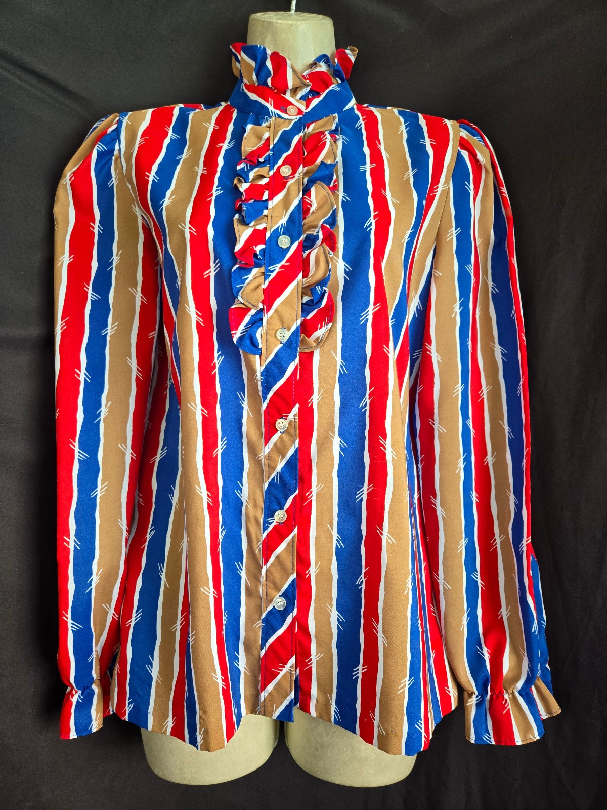 Vtg 70s 80s Ruffle Neck Prissy Secretary Suit Blouse BOLD Stripes Red Tan Blue