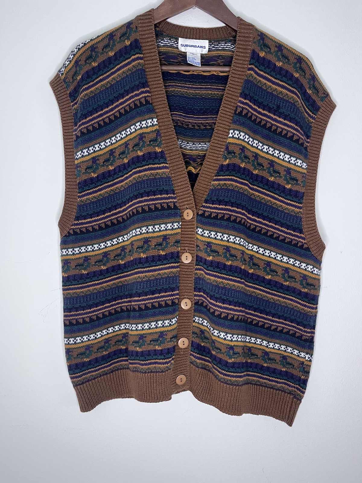Vintage Suburbans Sweater Vest Knit Cotton Duck Pattern 80’s Size XL V Neck