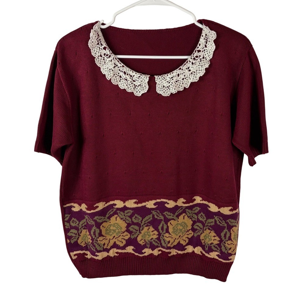 Vintage Burgundy Knit Short Sleeve Sweater Floral Lace Collar Cottagecore Top