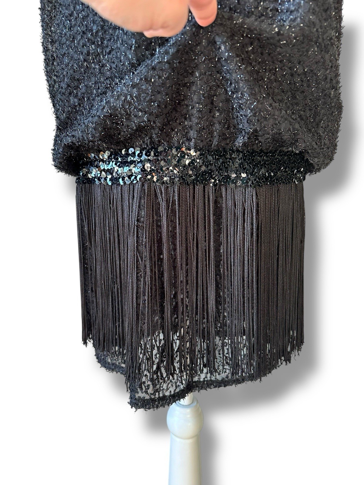 Vintage 70s Sparkly 20s Flapper Black Fringe Party Dress Sequin Trim 5/6 LA GLO