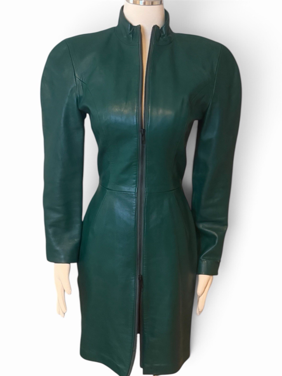 VTG Michael Hoban North Beach Green Leather Dress Front Zip S 2