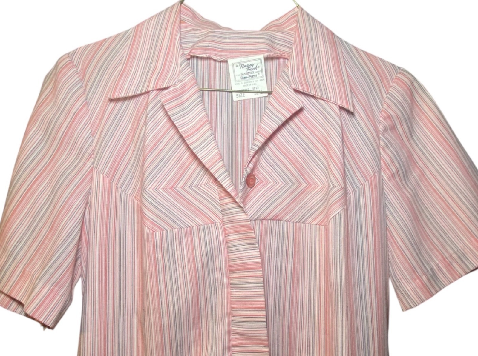 Vintage Striped Shirt Dress 12 1/2 Short Sleeve Pink Blue USA Made Modest
