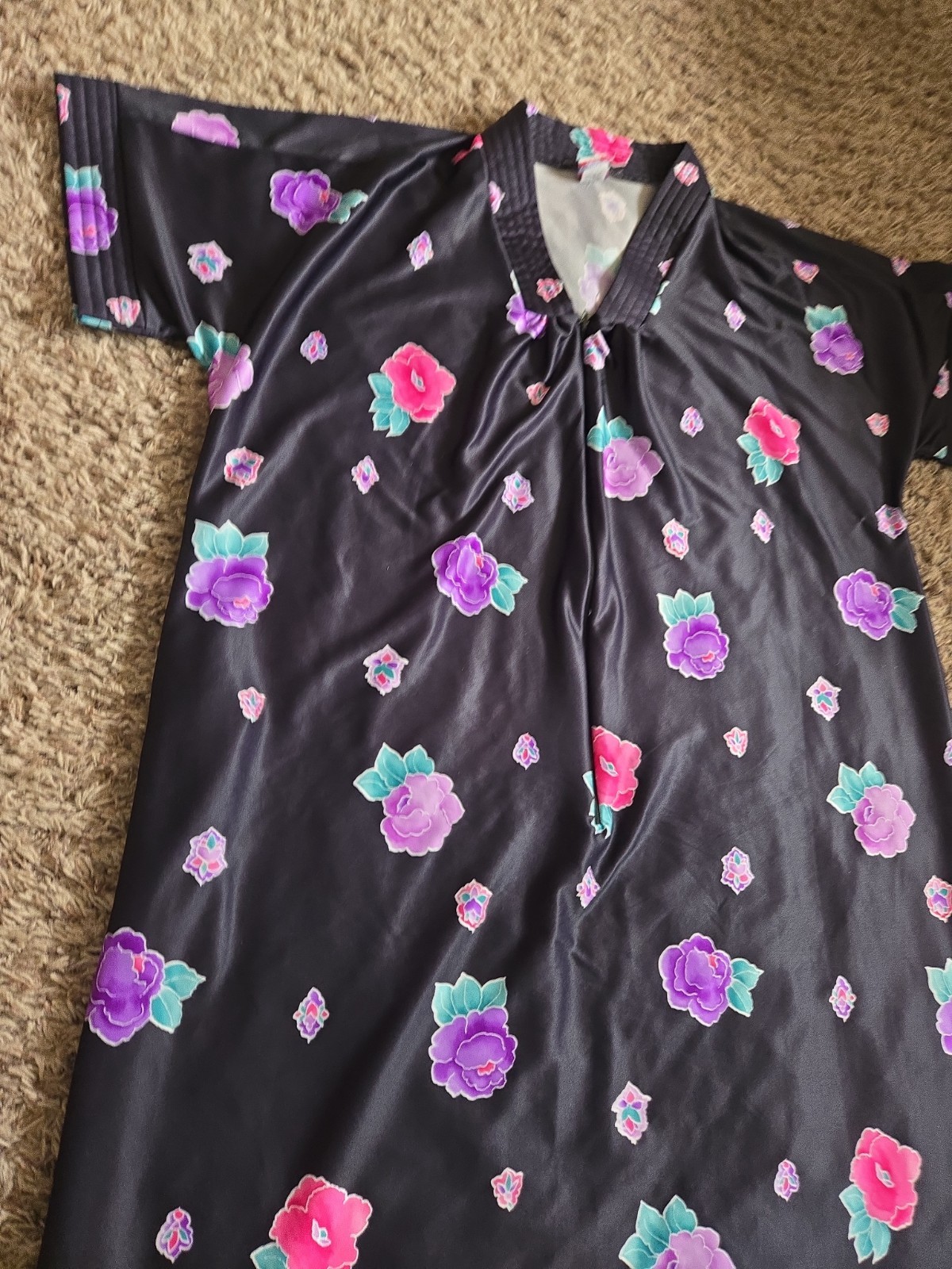 Granada Vintage Zip Front Caftan Robe Black Floral Maxi USA One Size Pocket